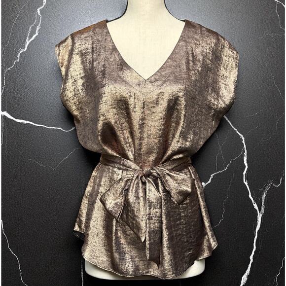 NWT Josef Ribkoff Women Rose Gold Metallic Sleeveless Belted Tunic Blouse Size 8 - Picture 1 of 11